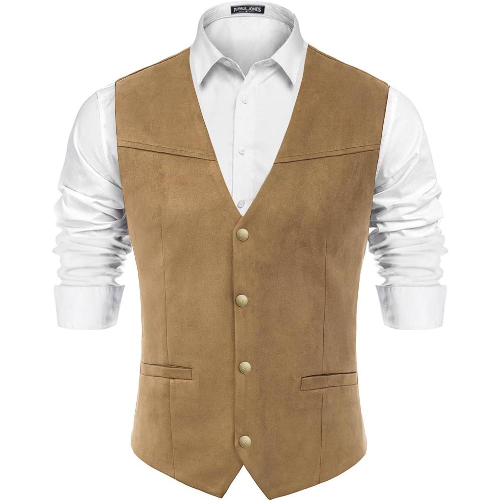 imagePJ PAUL JONES Mens Western Cowboy Suit Vest Slim Fit Faux Suede Leather Dress Vests Waistcoat for WeddingKhaki