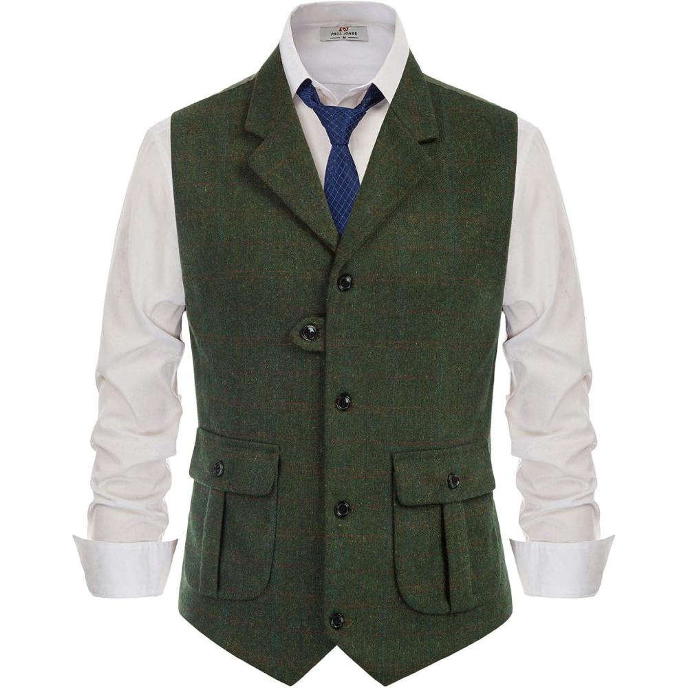 imagePJ PAUL JONES Mens Western Herringbone Suit Vest Tweed Wool Blend Slim Fit WaistcoatBarmy Green Plaid