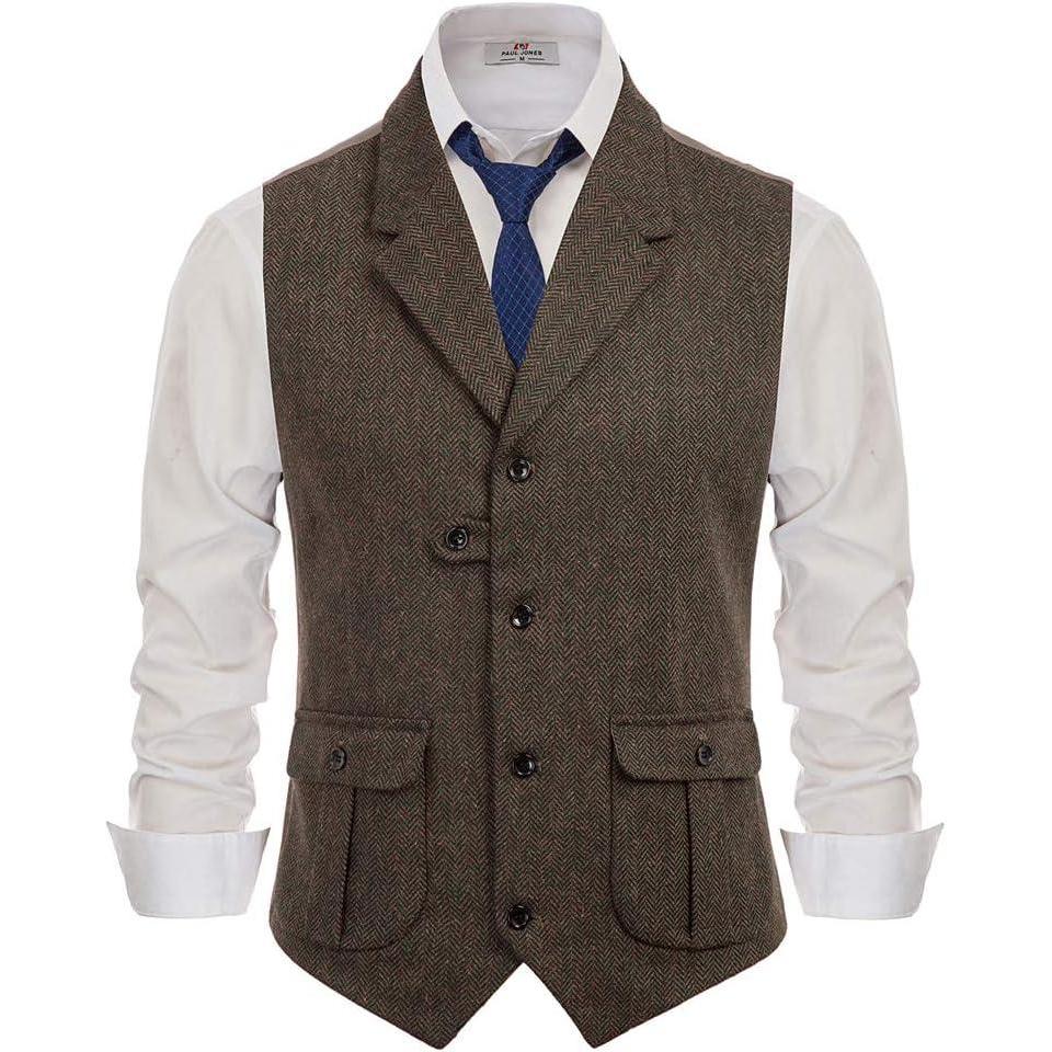 imagePJ PAUL JONES Mens Western Herringbone Suit Vest Tweed Wool Blend Slim Fit WaistcoatBbrown