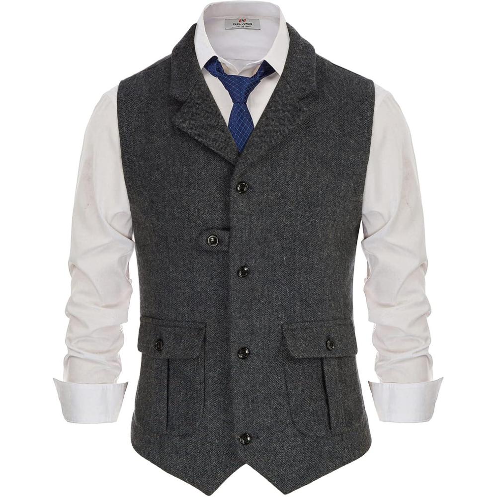 imagePJ PAUL JONES Mens Western Herringbone Suit Vest Tweed Wool Blend Slim Fit WaistcoatBupgradecharcoal