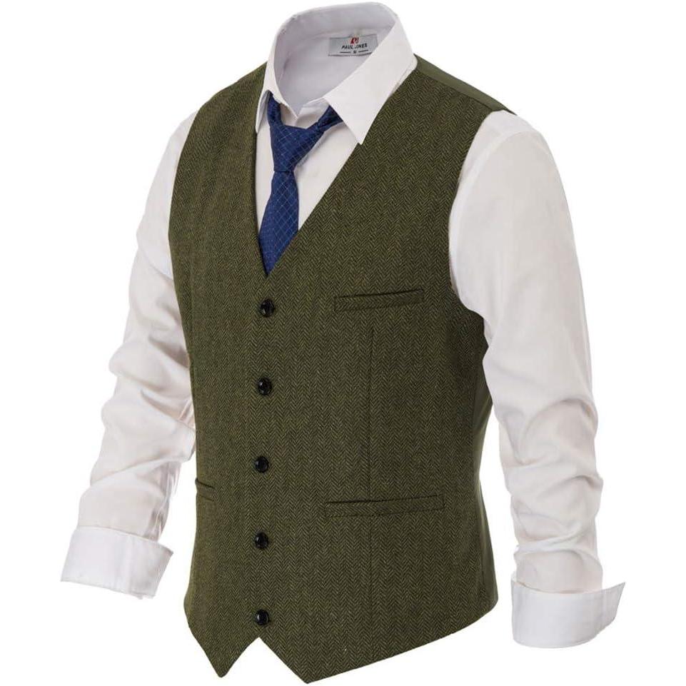 imagePJ PAUL JONES Mens Western Herringbone Tweed Suit Vest Wool Blend V Neck Slim Fit WaistcoatArmy Green