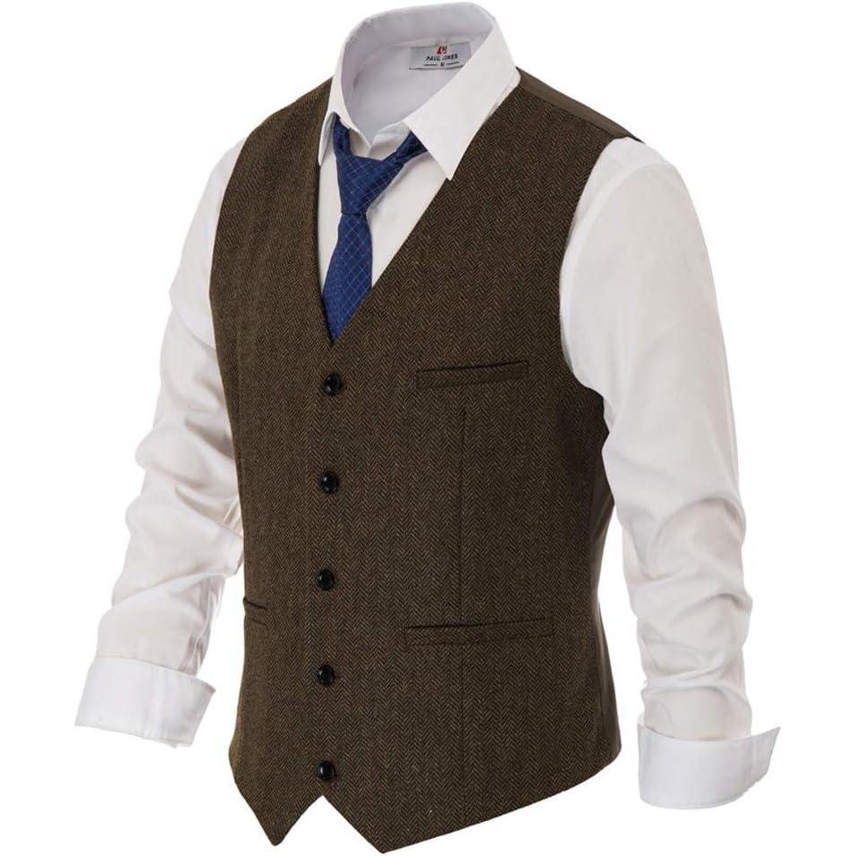 imagePJ PAUL JONES Mens Western Herringbone Tweed Suit Vest Wool Blend V Neck Slim Fit WaistcoatBrown