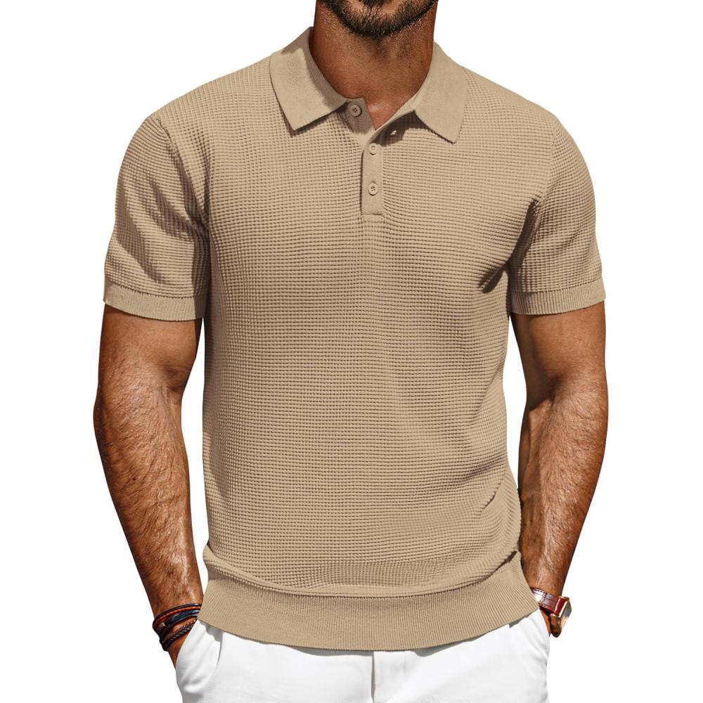 imagePJ PAUL JONES Polo Shirts for Men Short Sleeve Knit Waffle Texture Casual Dress Polo Golf ShirtCamel