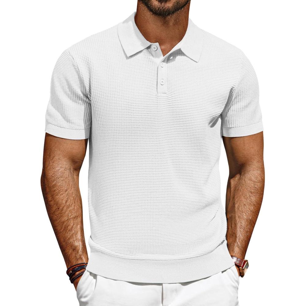imagePJ PAUL JONES Polo Shirts for Men Short Sleeve Knit Waffle Texture Casual Dress Polo Golf ShirtIvory
