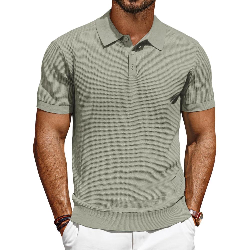 imagePJ PAUL JONES Polo Shirts for Men Short Sleeve Knit Waffle Texture Casual Dress Polo Golf ShirtKhaki Green