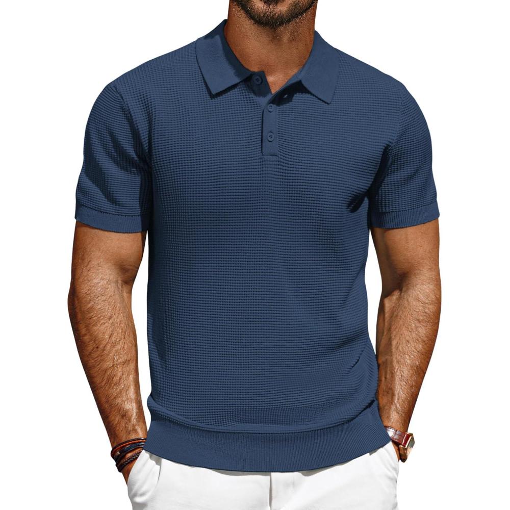 imagePJ PAUL JONES Polo Shirts for Men Short Sleeve Knit Waffle Texture Casual Dress Polo Golf ShirtNavy Blue