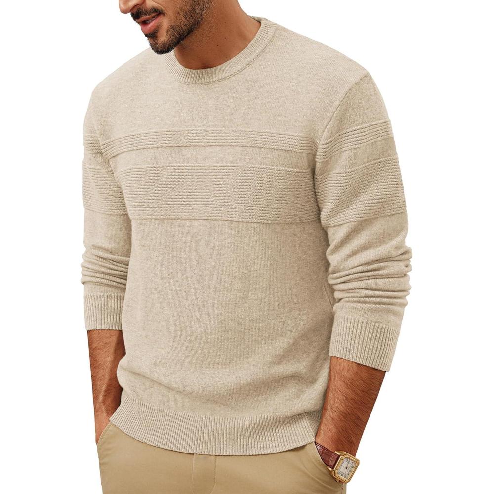 imagePJ PAUL JONES Sweaters for Men Casual Crewneck Pullover Sweater Knit Textured SweatersBeige