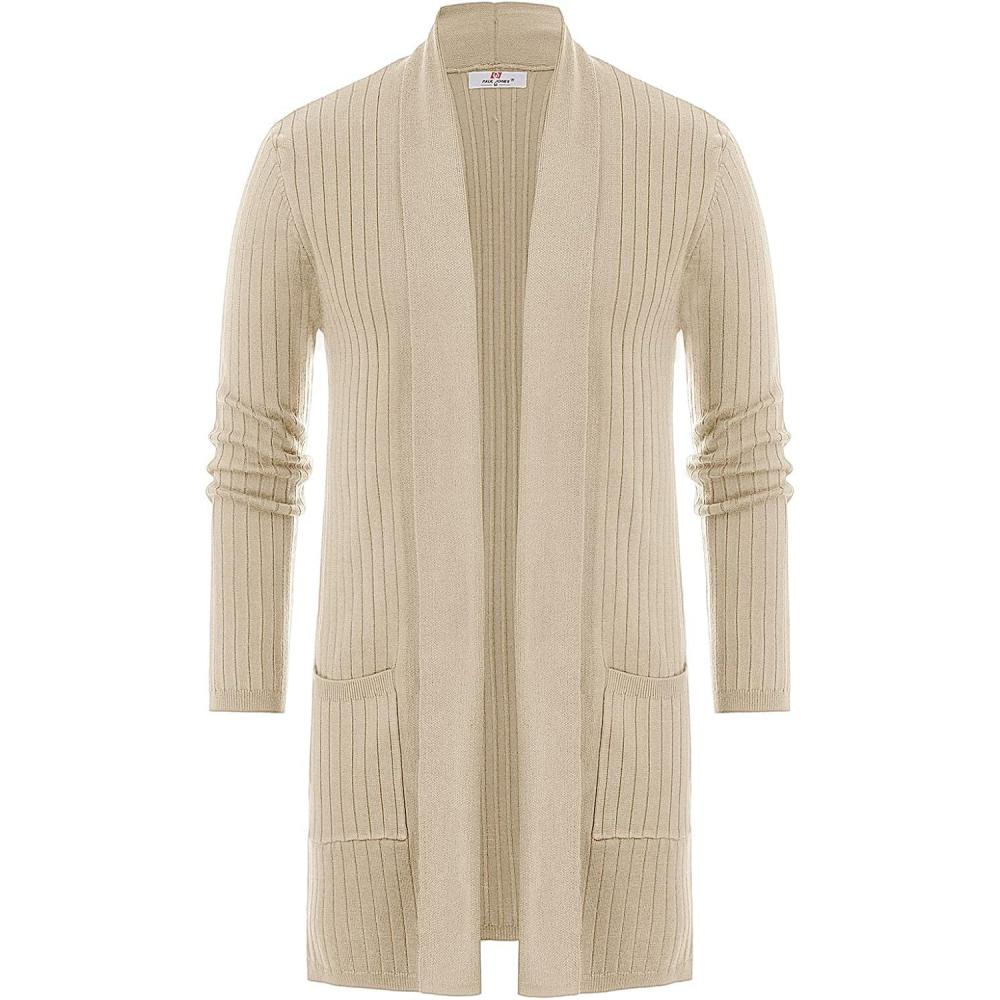 imagePJ PUAL JONES Mens Shawl Collar Open Front Long Cardigan Ribbed Knit Sweater with PocketsBeige