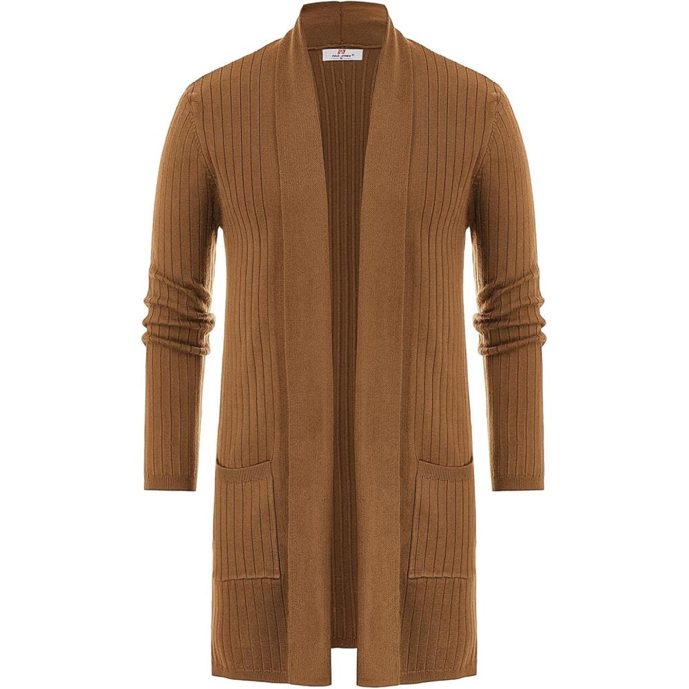 imagePJ PUAL JONES Mens Shawl Collar Open Front Long Cardigan Ribbed Knit Sweater with PocketsBrown