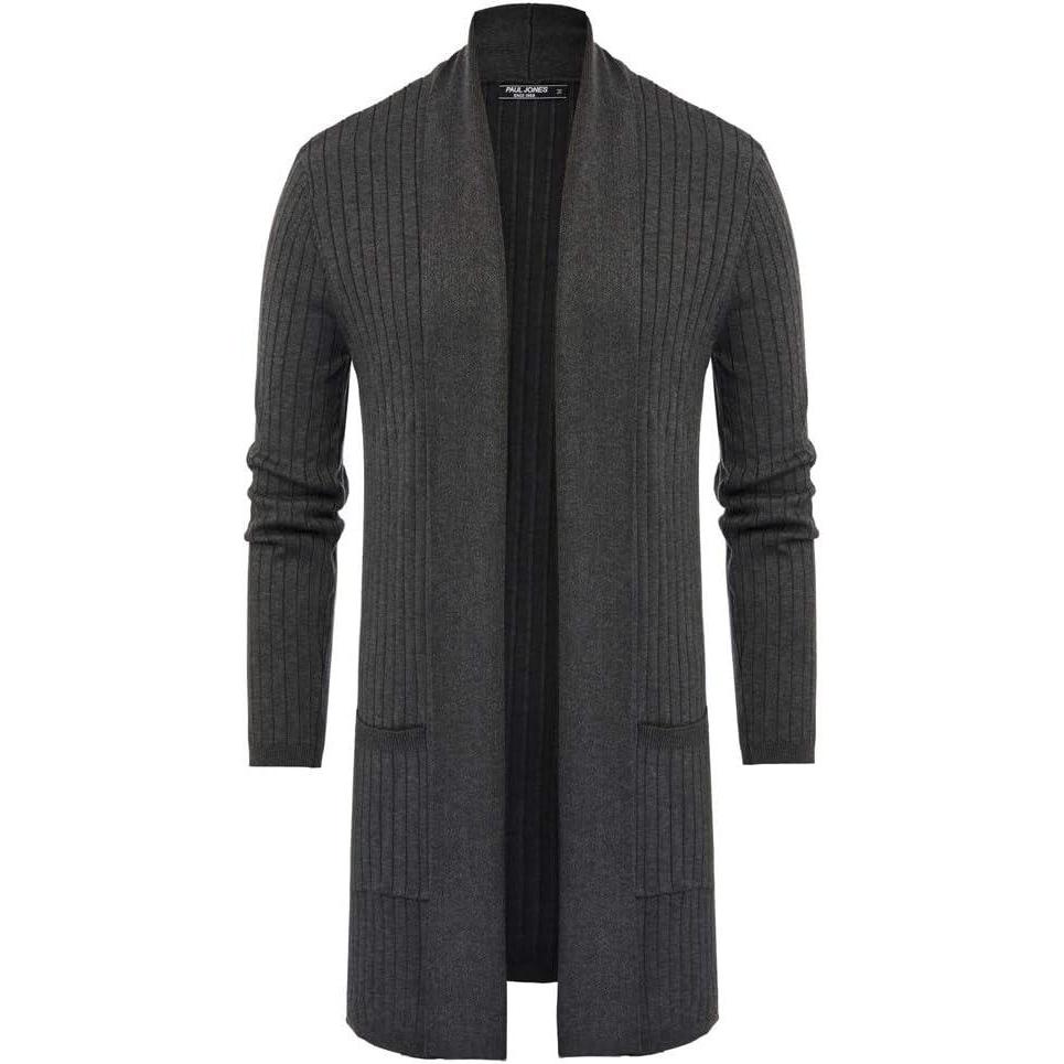 imagePJ PUAL JONES Mens Shawl Collar Open Front Long Cardigan Ribbed Knit Sweater with PocketsDark Gray