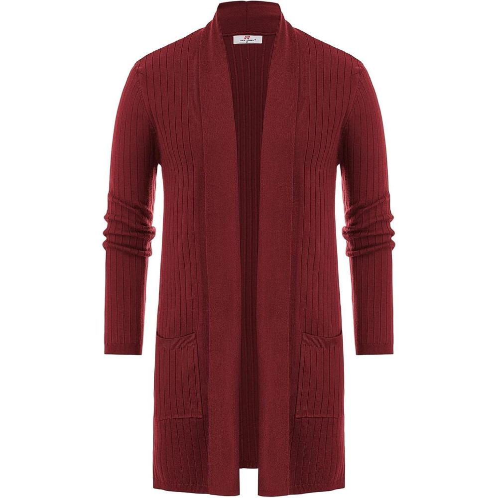imagePJ PUAL JONES Mens Shawl Collar Open Front Long Cardigan Ribbed Knit Sweater with PocketsDeep Re