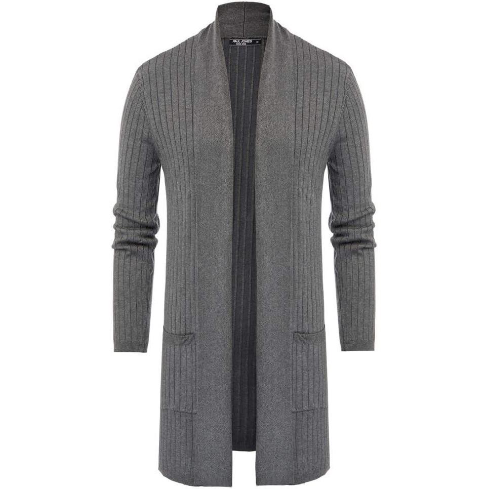 imagePJ PUAL JONES Mens Shawl Collar Open Front Long Cardigan Ribbed Knit Sweater with PocketsGray