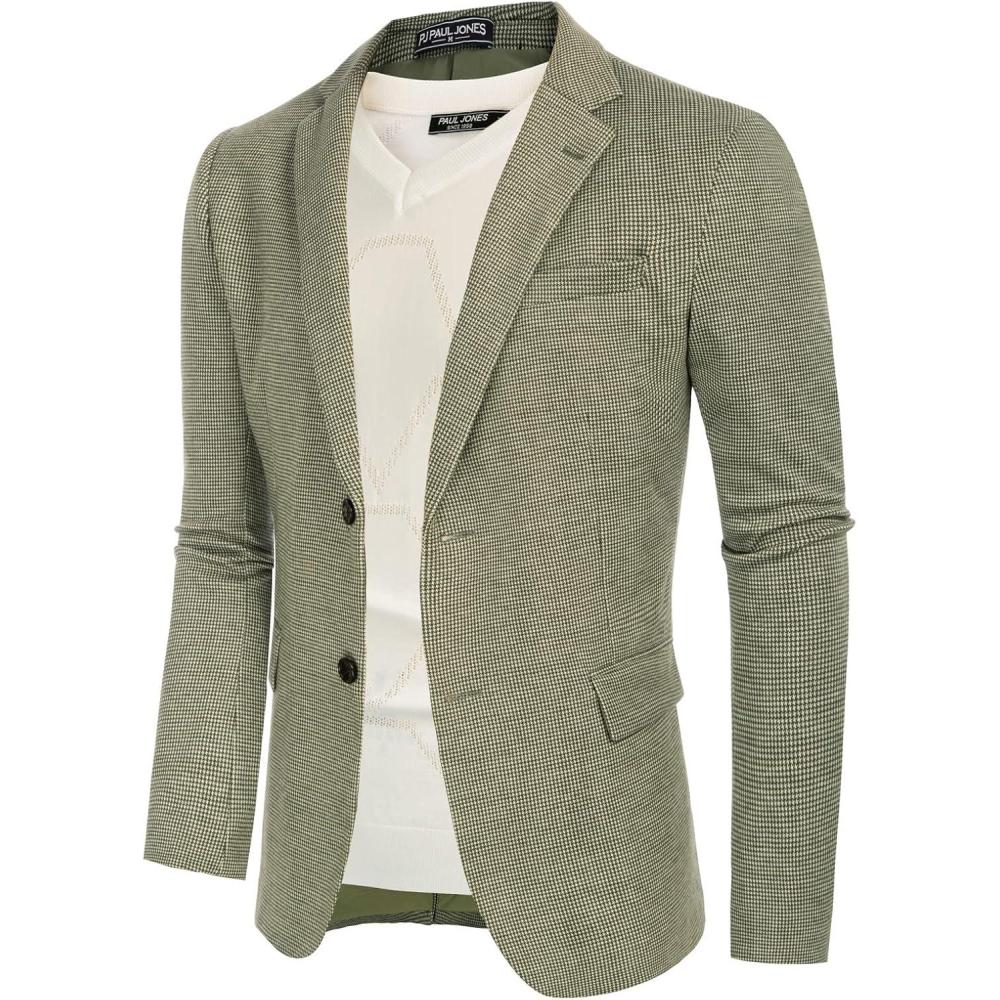 imagePJ Paul Jones Mens Herringbone Blazer Jacket Lightweight Casual Knit Sport CoatGridgreen