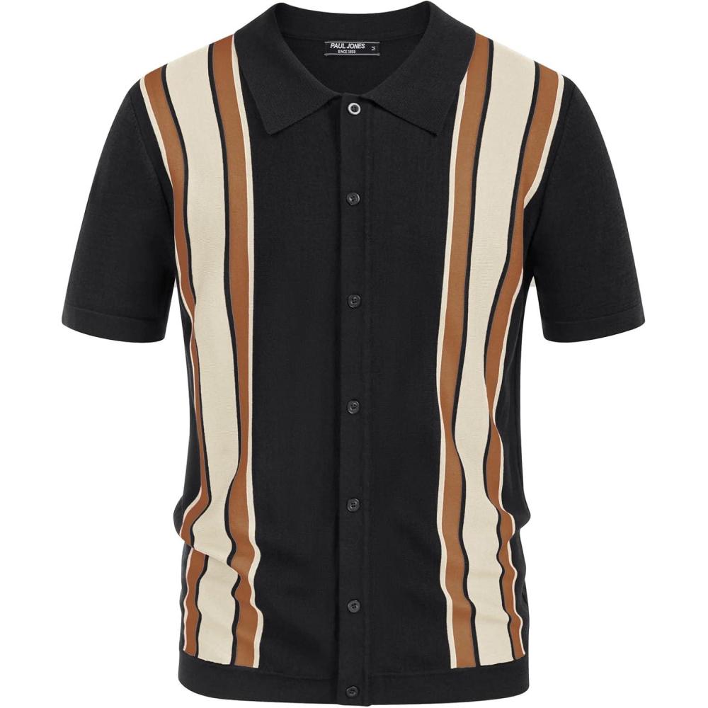 imagePJ Paul Jones Mens Polo Shirts Vintage Striped Lightweight Knitting Golf ShirtsBlack Coffee