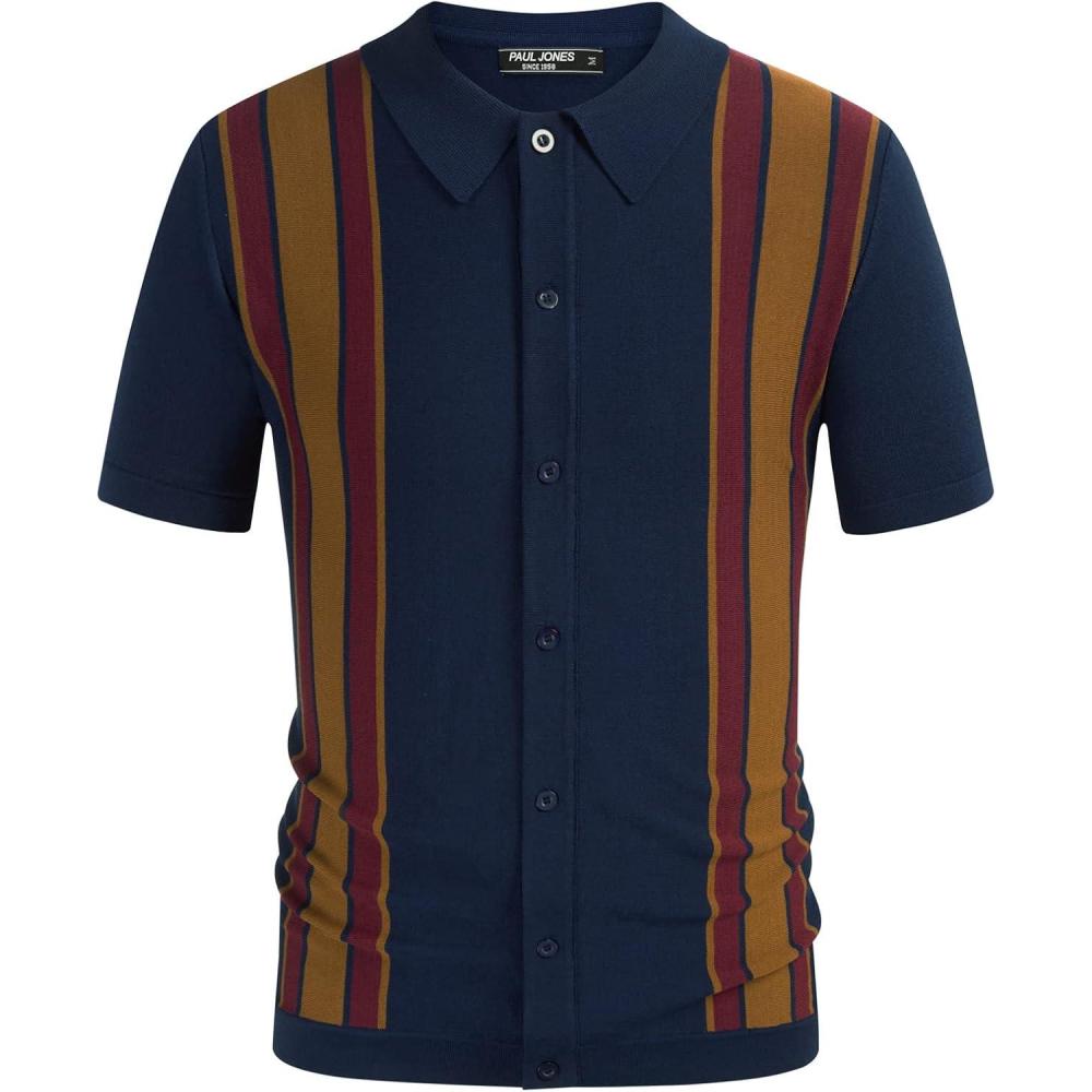 imagePJ Paul Jones Mens Polo Shirts Vintage Striped Lightweight Knitting Golf ShirtsBlue