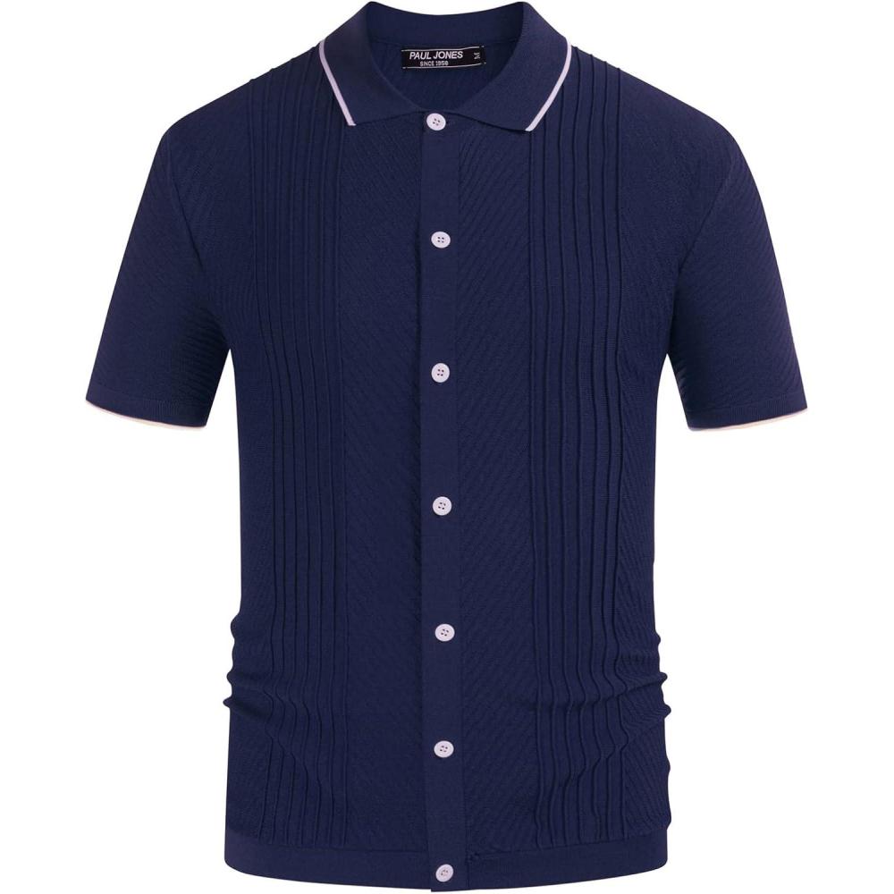 imagePJ Paul Jones Mens Polo Shirts Vintage Striped Lightweight Knitting Golf ShirtsTextureroyal Blue