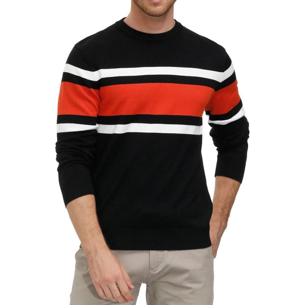 imagePJ Paul Jones Mens Striped Pullover Sweater Crewneck Contrast Fine Knitted SweatersBlackredwhite