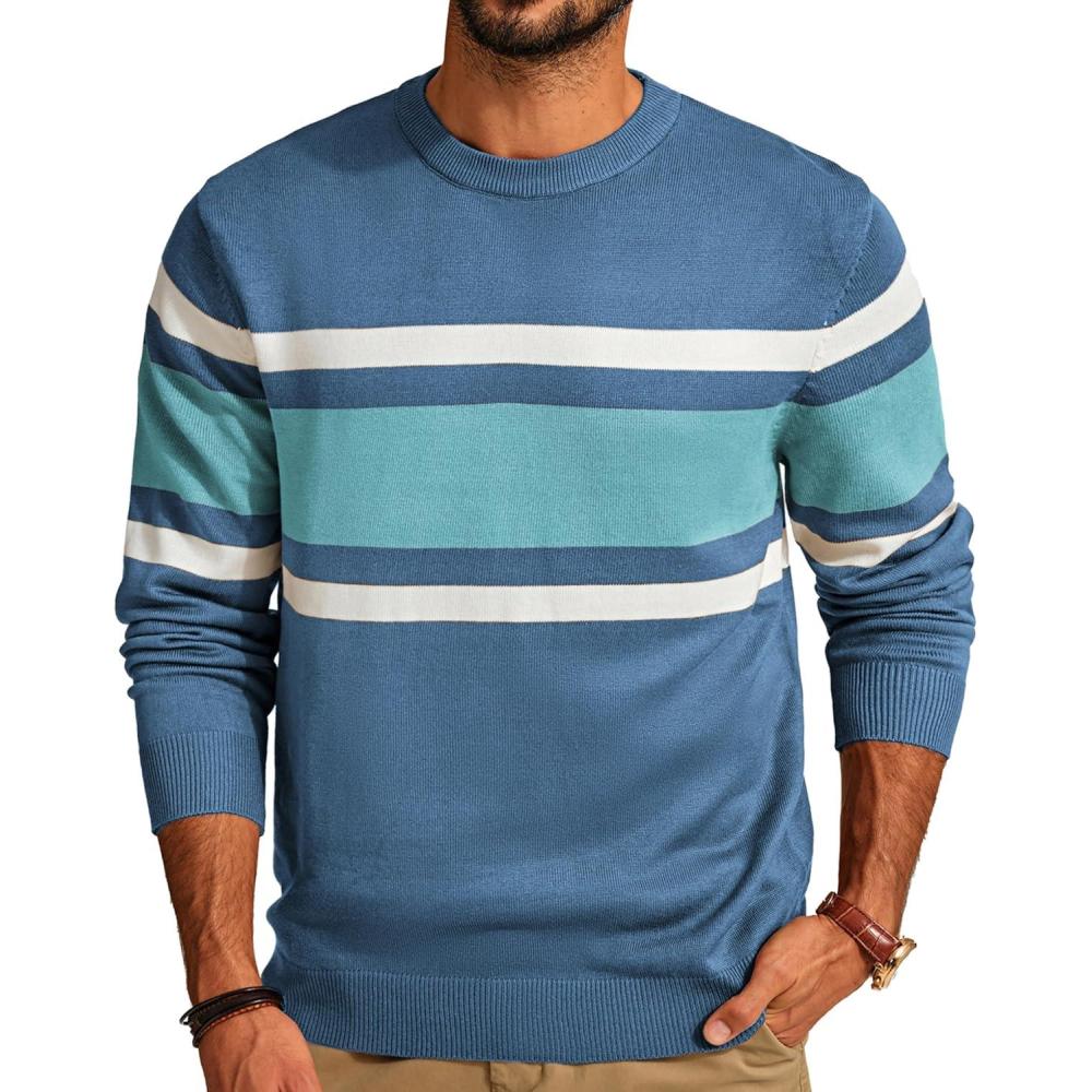 imagePJ Paul Jones Mens Striped Pullover Sweater Crewneck Contrast Fine Knitted SweatersDenim Blue
