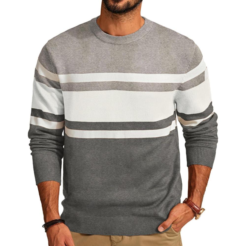 imagePJ Paul Jones Mens Striped Pullover Sweater Crewneck Contrast Fine Knitted SweatersGraywhite