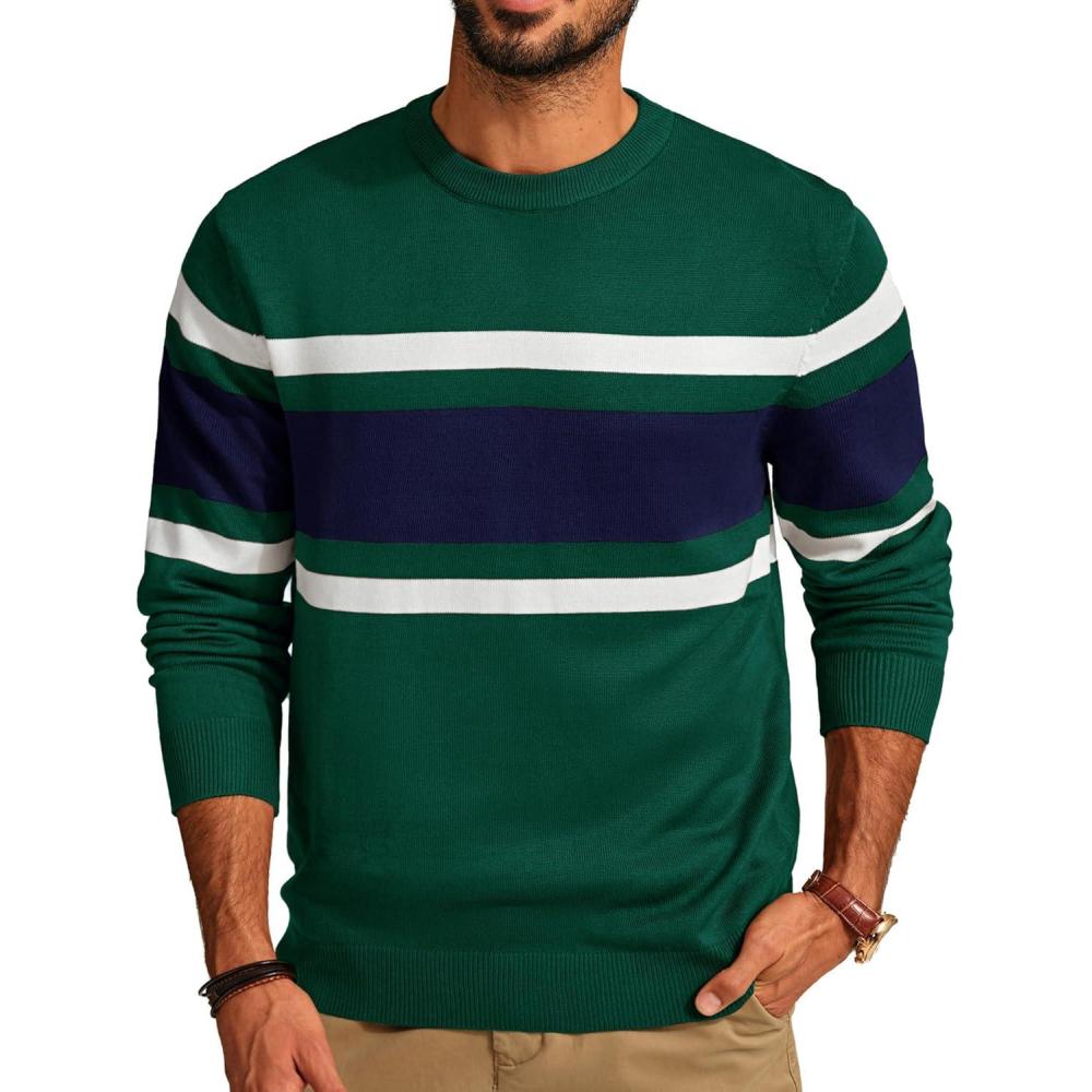 imagePJ Paul Jones Mens Striped Pullover Sweater Crewneck Contrast Fine Knitted SweatersGreen
