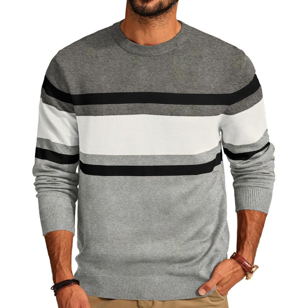 imagePJ Paul Jones Mens Striped Pullover Sweater Crewneck Contrast Fine Knitted SweatersMid Graywhiteblack