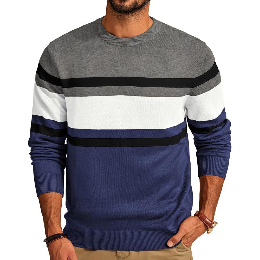 imagePJ Paul Jones Mens Striped Pullover Sweater Crewneck Contrast Fine Knitted SweatersNavywhiteblack