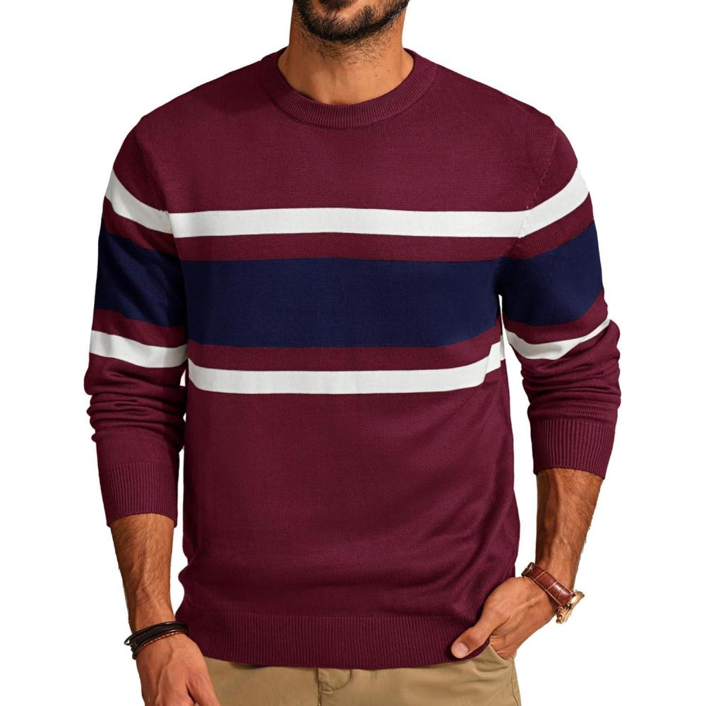 imagePJ Paul Jones Mens Striped Pullover Sweater Crewneck Contrast Fine Knitted SweatersWine Red