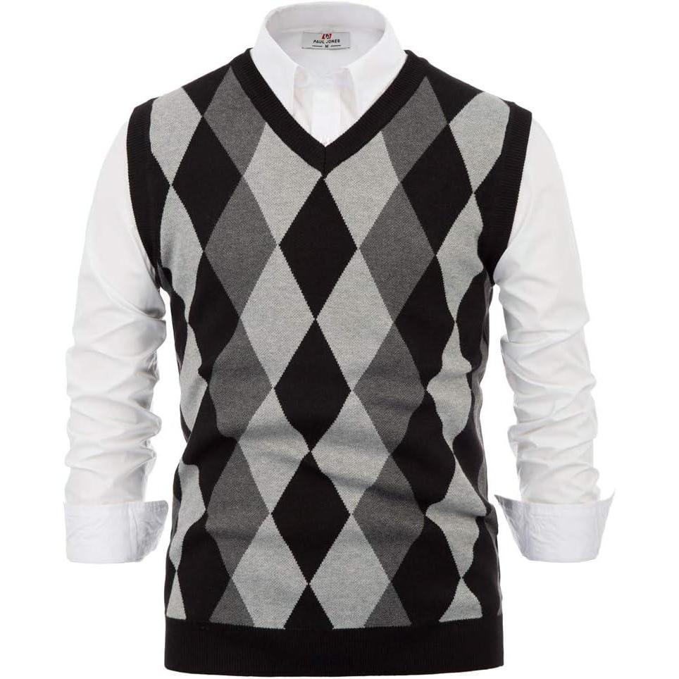 imagePaul Jones Mens Argyle Sweater Vest Knitted Casual VNeck Pullover VestBlack