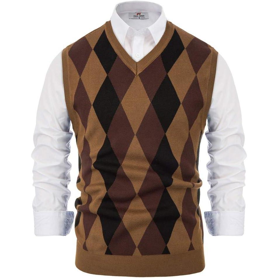 imagePaul Jones Mens Argyle Sweater Vest Knitted Casual VNeck Pullover VestBrown