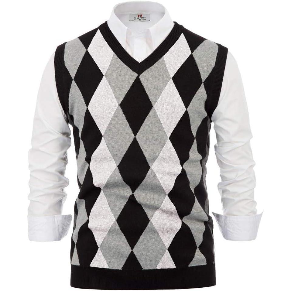 imagePaul Jones Mens Argyle Sweater Vest Knitted Casual VNeck Pullover VestWhite