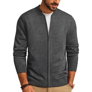 Men’s Casual Full Zip Cardigan Sweater Slim Fit Stand Collar Sweater Jacket(Dark Grey)