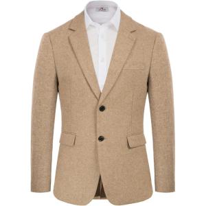 Mens Wool Blend Blazer Jacket Houndstooth Suit Blazer Notch Lapel 2 Button(Khaki)