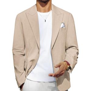 PJ PAUL JONES Blazer for Men Casual Cotton-Linen Sport Coat Lightweight 2 Button Lined Blazer Jacket(Light Khaki)