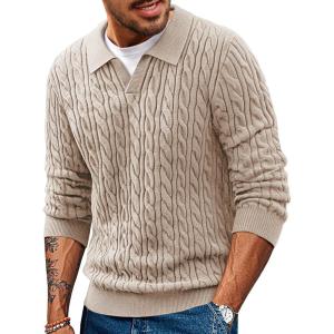 PJ PAUL JONES Men Sweaters V Neck Cable Knit Sweater Fall Casual Slim Fit Pullover(Apricot)