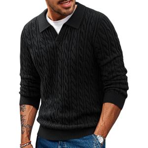 PJ PAUL JONES Men Sweaters V Neck Cable Knit Sweater Fall Casual Slim Fit Pullover(Black)