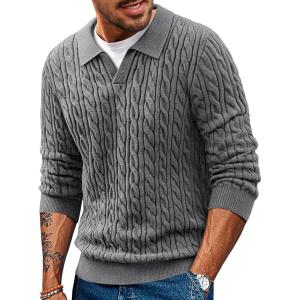 PJ PAUL JONES Men Sweaters V Neck Cable Knit Sweater Fall Casual Slim Fit Pullover(Gray)