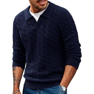 PJ PAUL JONES Men Sweaters V Neck Cable Knit Sweater Fall Casual Slim Fit Pullover(Navy Blue)