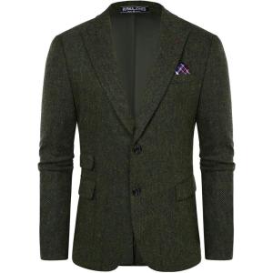 PJ PAUL JONES Men Tweed Blazer Wool Herringbone Sport Coat Jacket Vintage Blazers Suit Jackets(Army Green Herringbone)