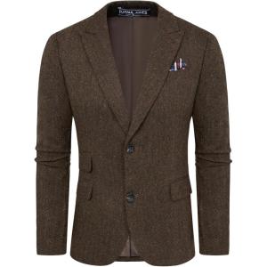 PJ PAUL JONES Men Tweed Blazer Wool Herringbone Sport Coat Jacket Vintage Blazers Suit Jackets(Brown Herringbone)