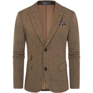 PJ PAUL JONES Men Tweed Blazer Wool Herringbone Sport Coat Jacket Vintage Blazers Suit Jackets(Coffee Herringbone)