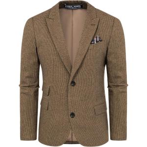 PJ PAUL JONES Men Tweed Blazer Wool Herringbone Sport Coat Jacket Vintage Blazers Suit Jackets(Coffee Houndstooth)