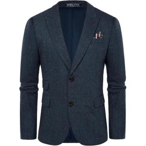 PJ PAUL JONES Men Tweed Blazer Wool Herringbone Sport Coat Jacket Vintage Blazers Suit Jackets(Dark Blue Herringbone)