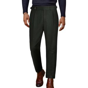 PJ PAUL JONES Men Vintage Tweed Pants Herringbone Pleated Suit Trousers(Army Green)