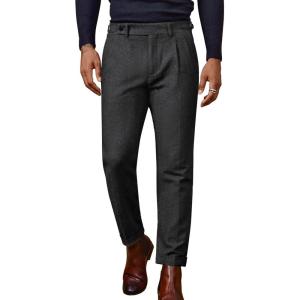 PJ PAUL JONES Men Vintage Tweed Pants Herringbone Pleated Suit Trousers(Black Grey)