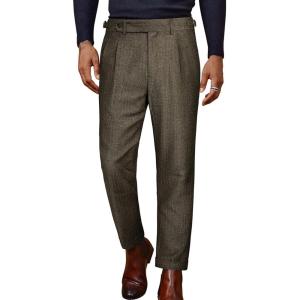 PJ PAUL JONES Men Vintage Tweed Pants Herringbone Pleated Suit Trousers(Black Khaki)