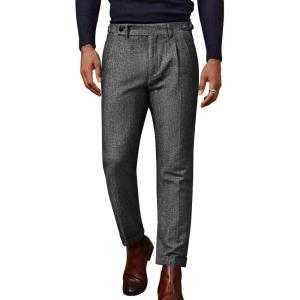 PJ PAUL JONES Men Vintage Tweed Pants Herringbone Pleated Suit Trousers(Black White)