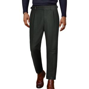 PJ PAUL JONES Men Vintage Tweed Pants Herringbone Pleated Suit Trousers(Green)
