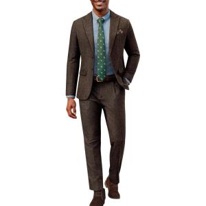 PJ PAUL JONES Mens 2 Piece Suit Vintage Herringbone Tweed Suits 2 Button Peak Lapel Blazer Pants Set(Brown)