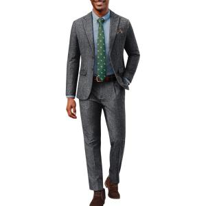 PJ PAUL JONES Mens 2 Piece Suit Vintage Herringbone Tweed Suits 2 Button Peak Lapel Blazer Pants Set(Grey)