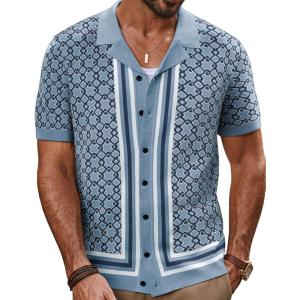 PJ PAUL JONES Mens 70S Shirts Vintage Shirts Button Down Cuban Collar Knitted Polo Shirt(Blue-grey)